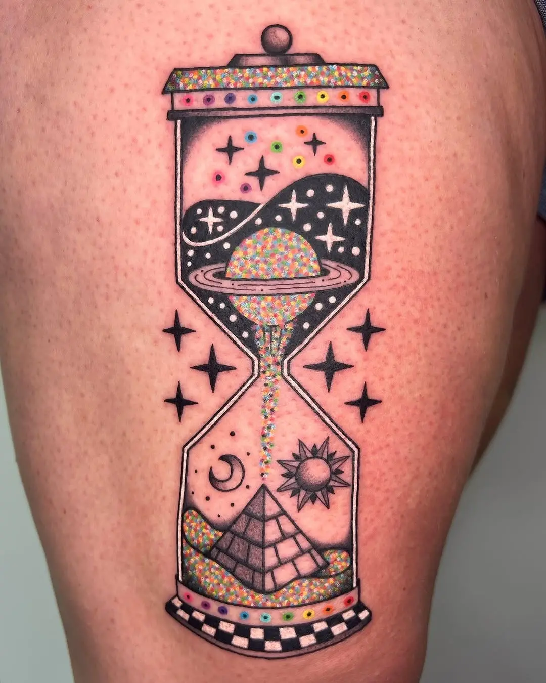 Uniquely vibrant hourglass tattoo design