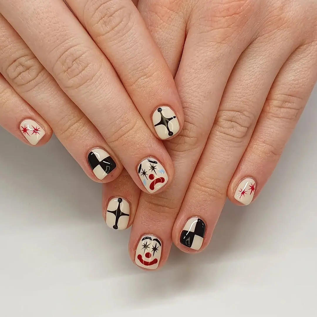 Unique clown-inspired nail art design