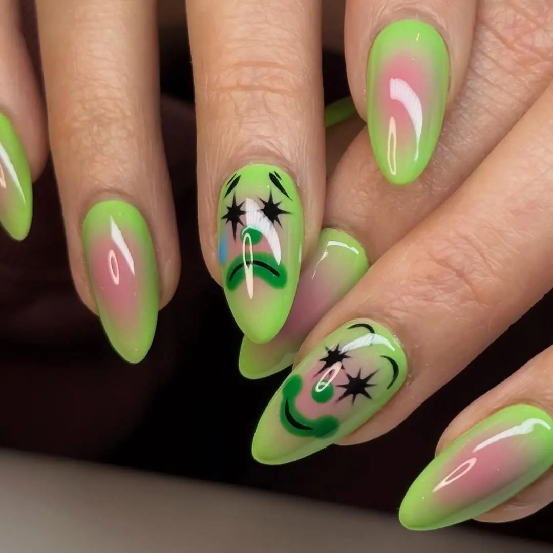 Vibrant green nails with playful designs