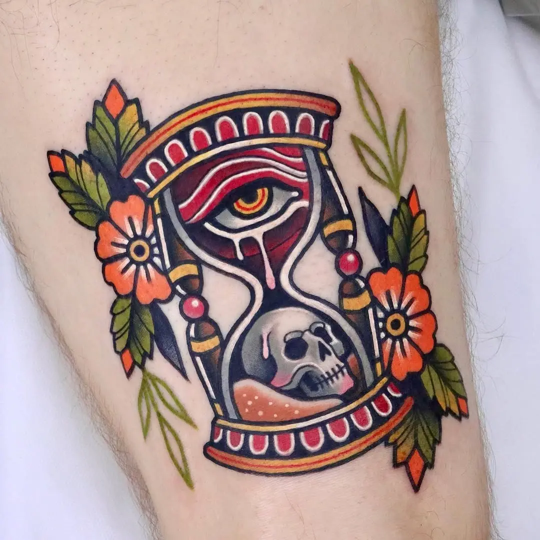 Mystical hourglass tattoo with vibrant colors