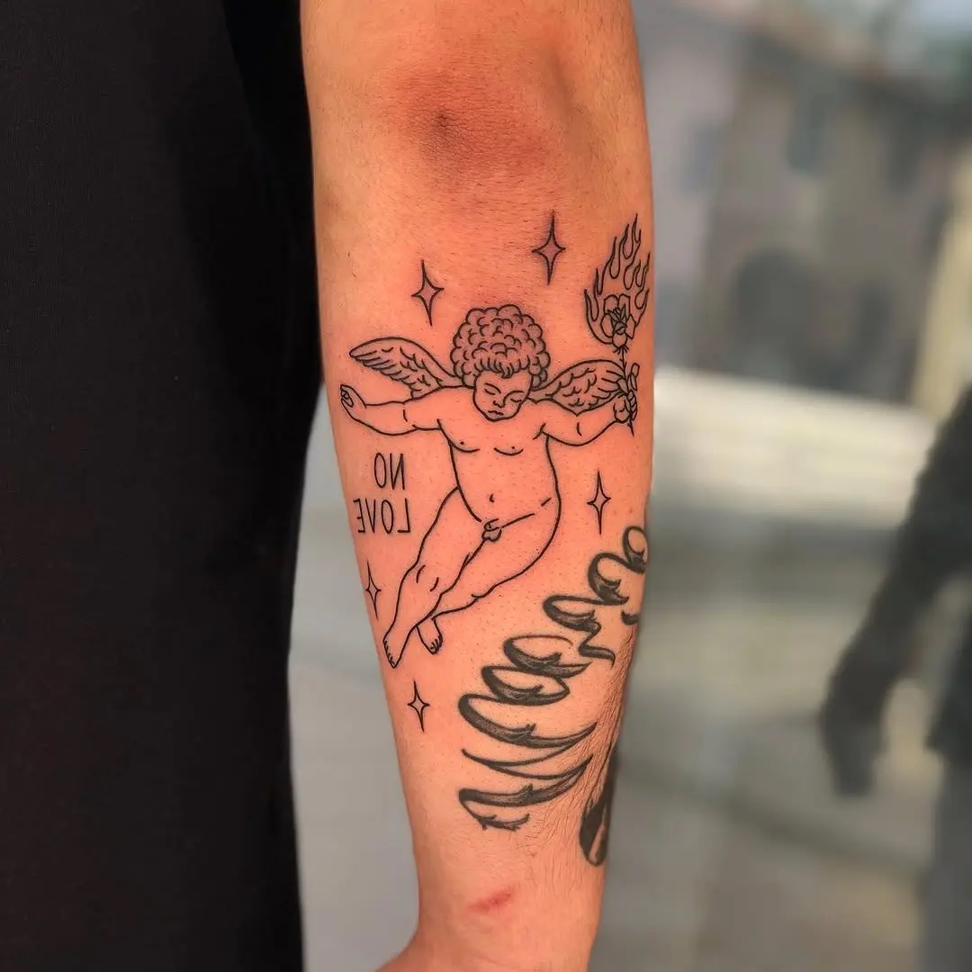 Playful no love tattoo featuring a cherubic angel