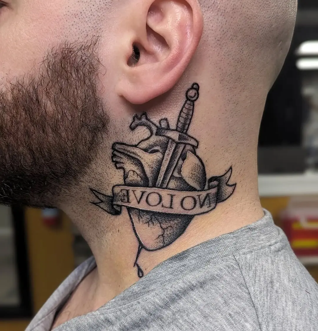 Bold neck tattoo with heartfelt symbolism
