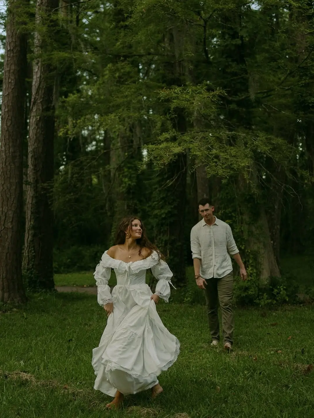 Rustic romantic vibe with flowing outfits for couples