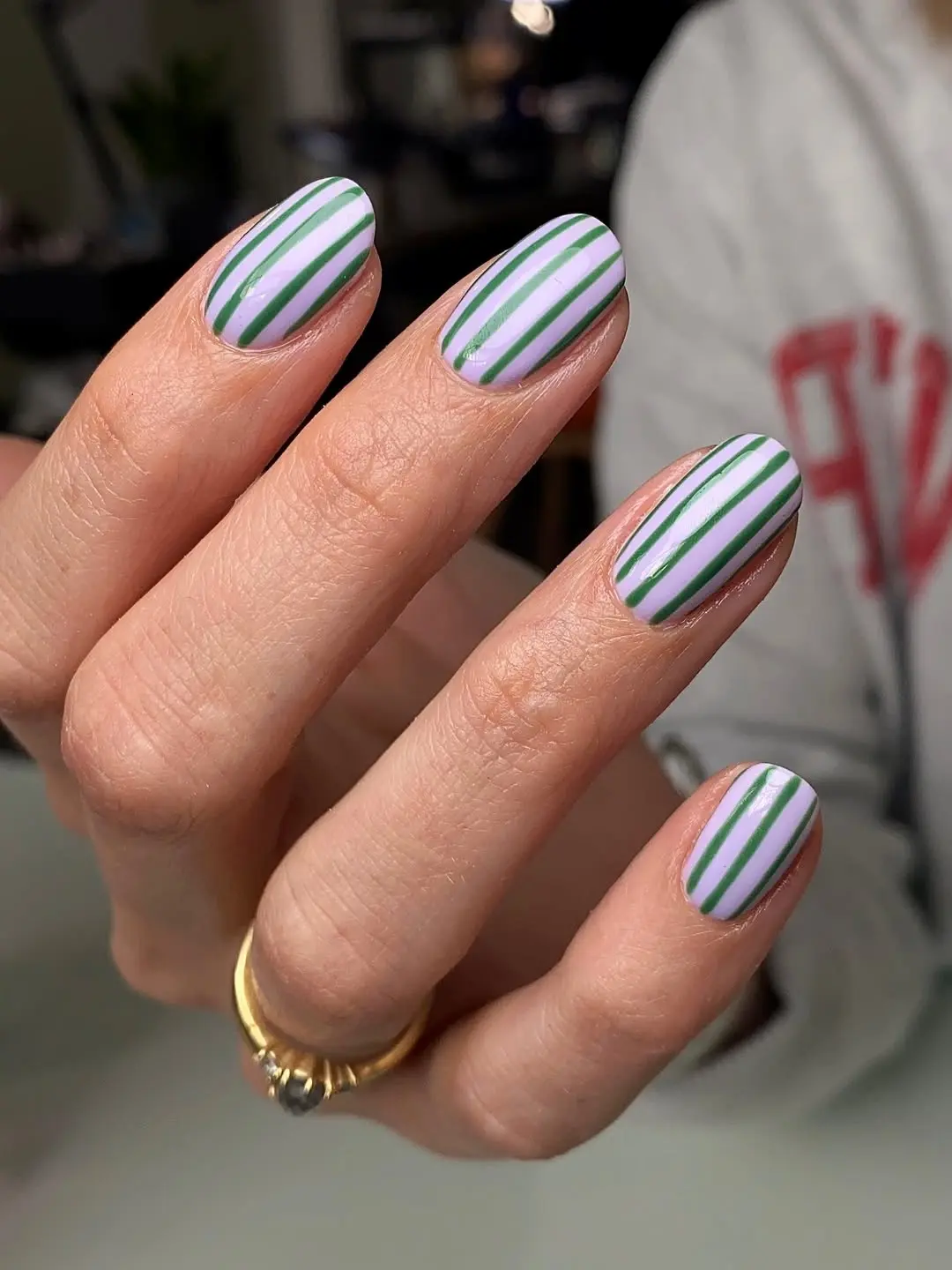 Chic Green and Purple Striped Nail Design