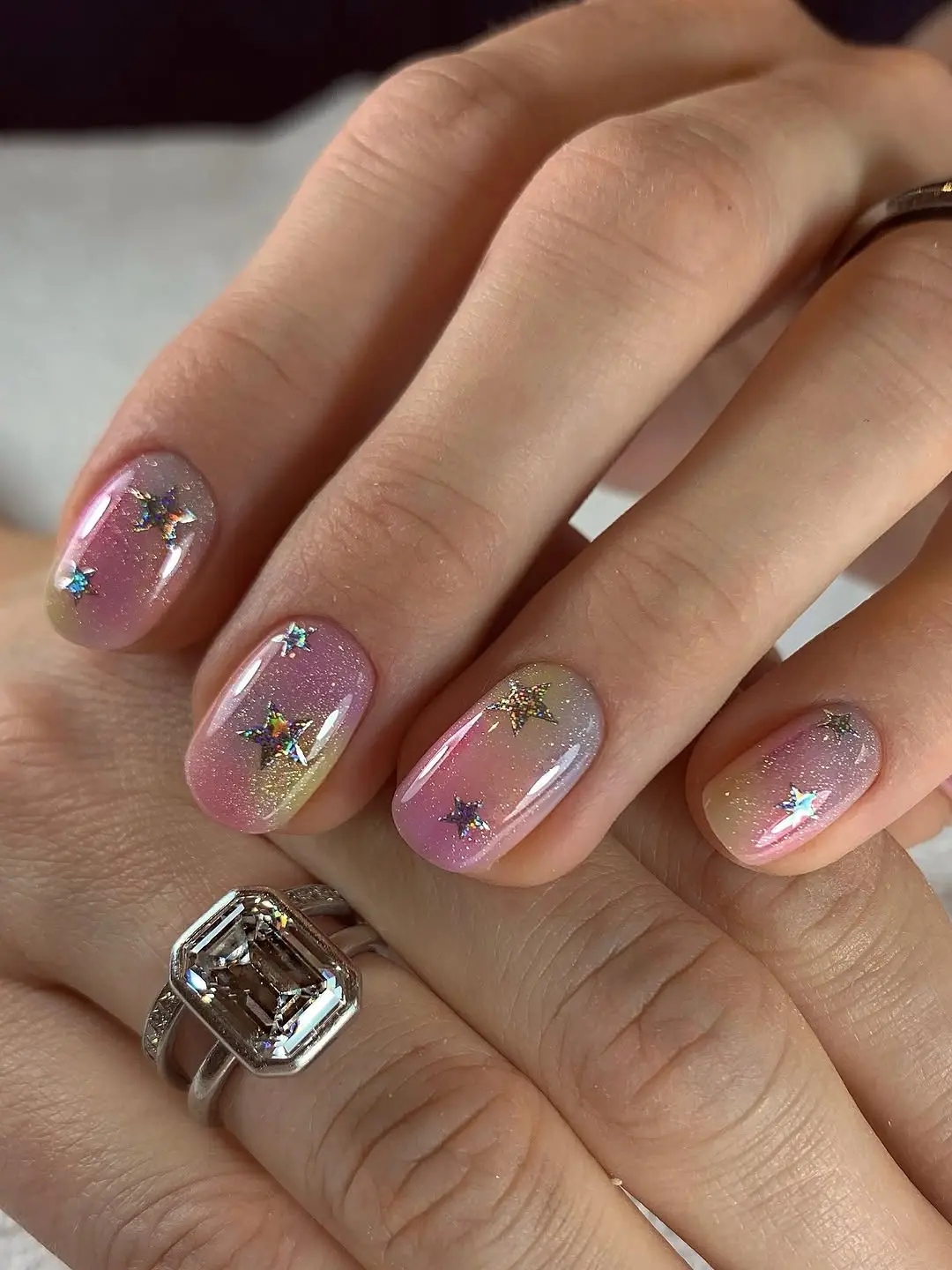 Charming Spring Glitter Nail Design with Stars
