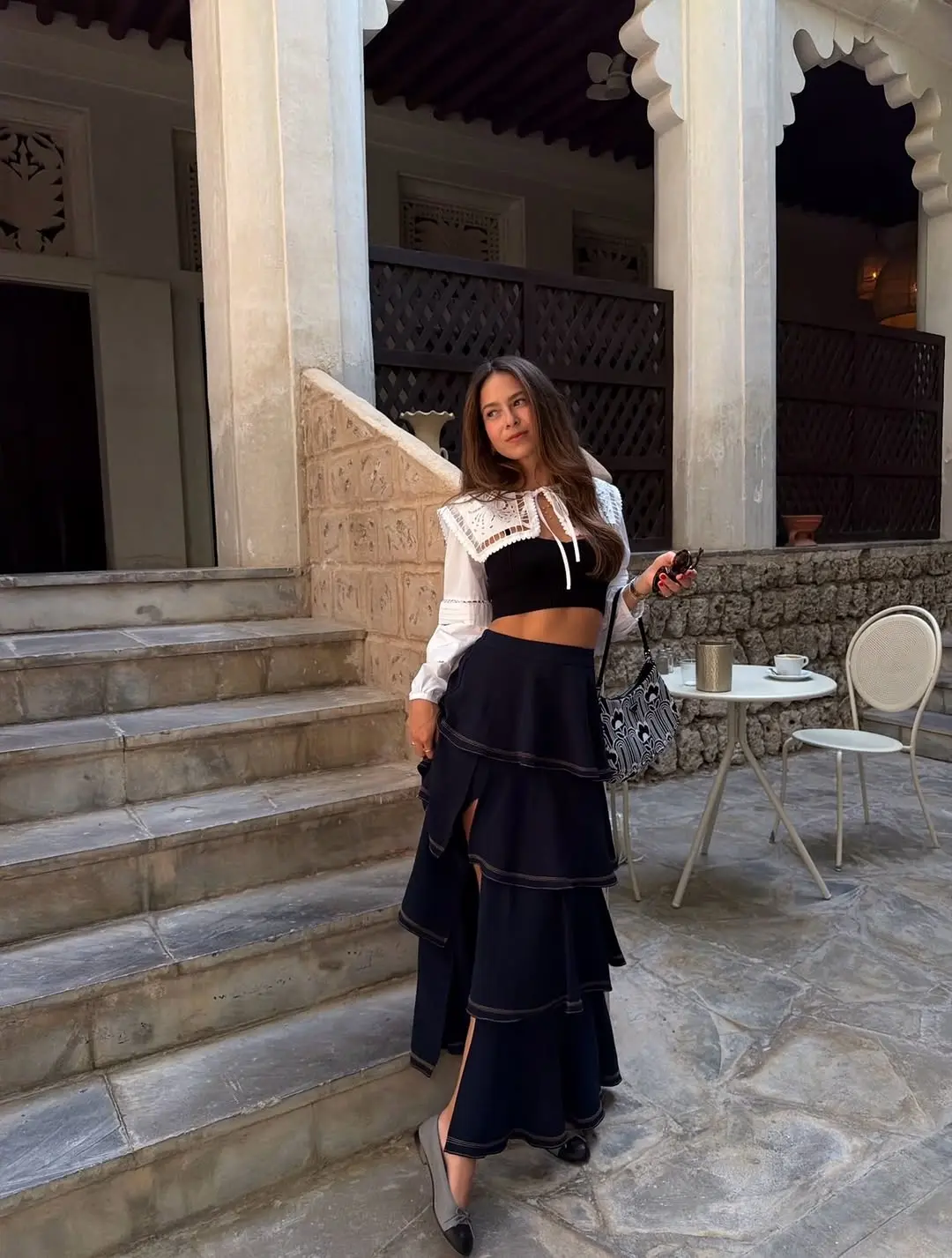 Chic layered skirt paired with a cropped top