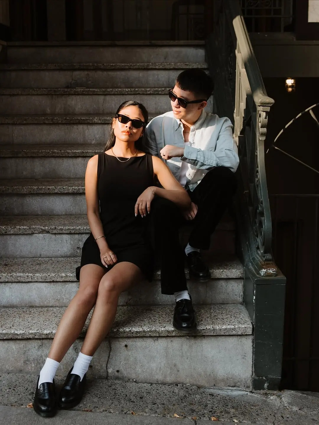Chic couple in casual engagement outfits