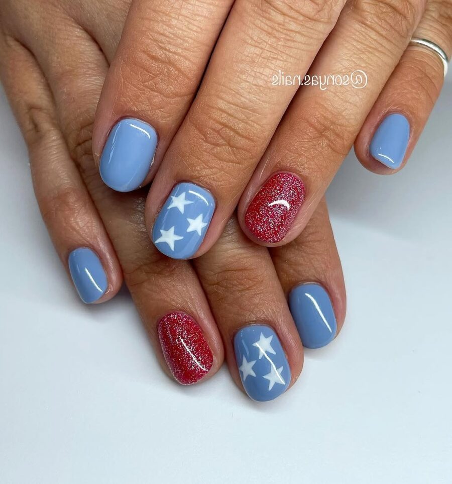 Festive Blue and Red Glitter Star Nails