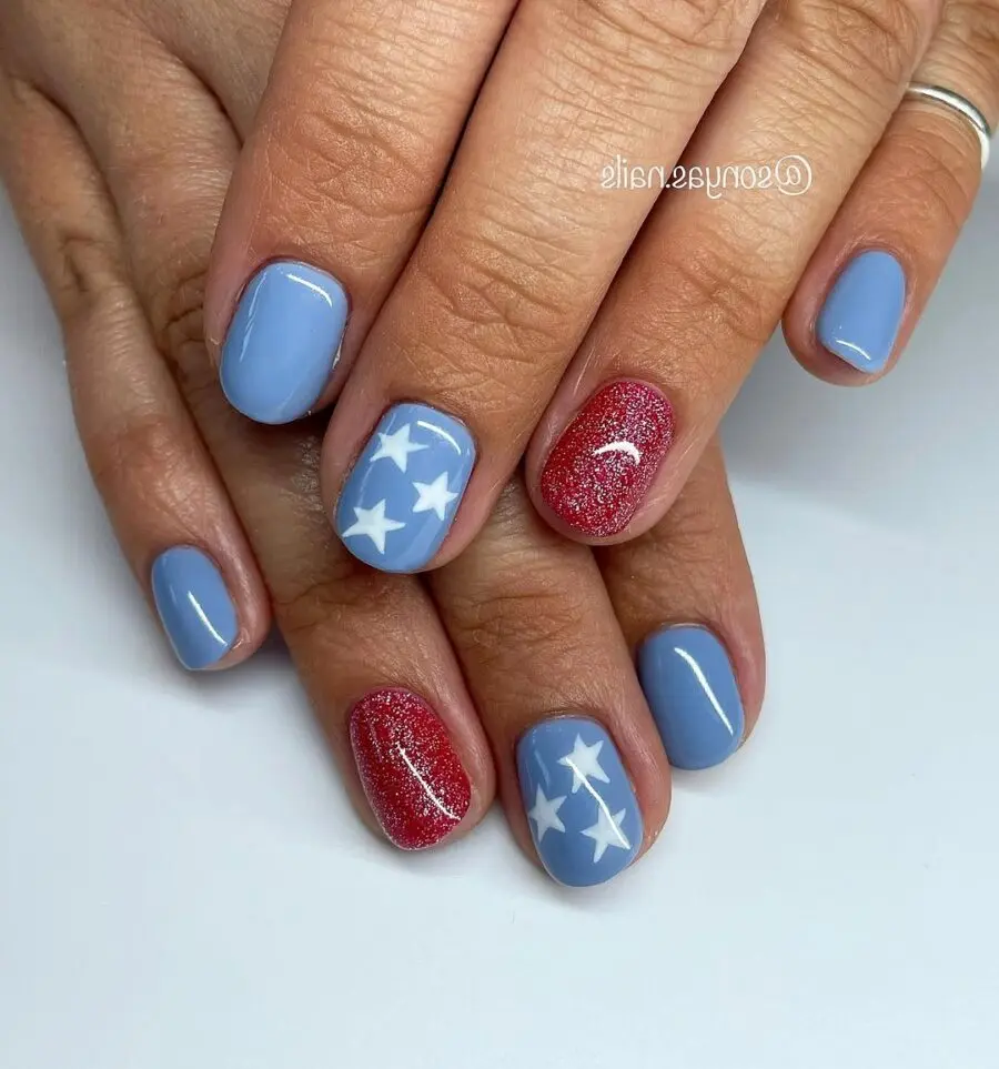 Festive Blue and Red Glitter Star Nails