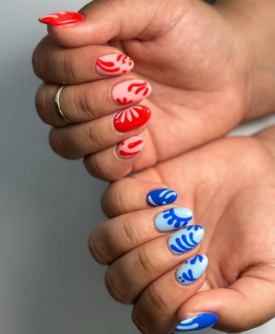 Festive red and blue nail design for July 4th