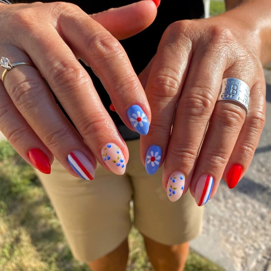 Festive red, white, and blue nail art design