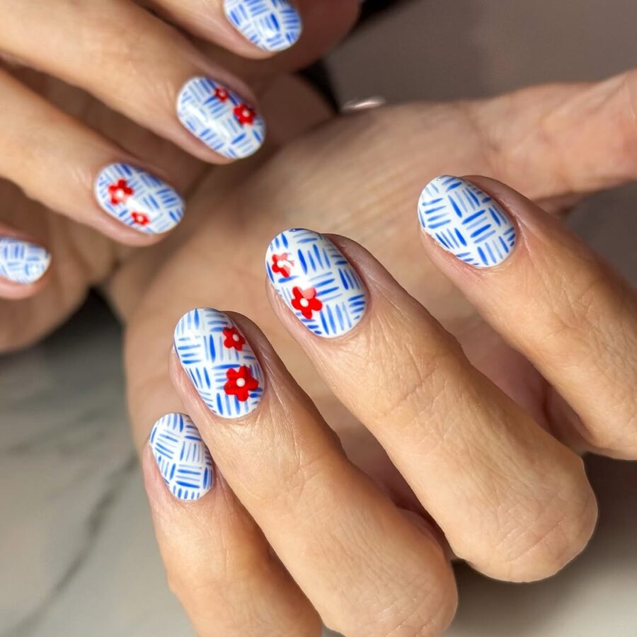 Charming Blue and White Patriotic Floral Nails