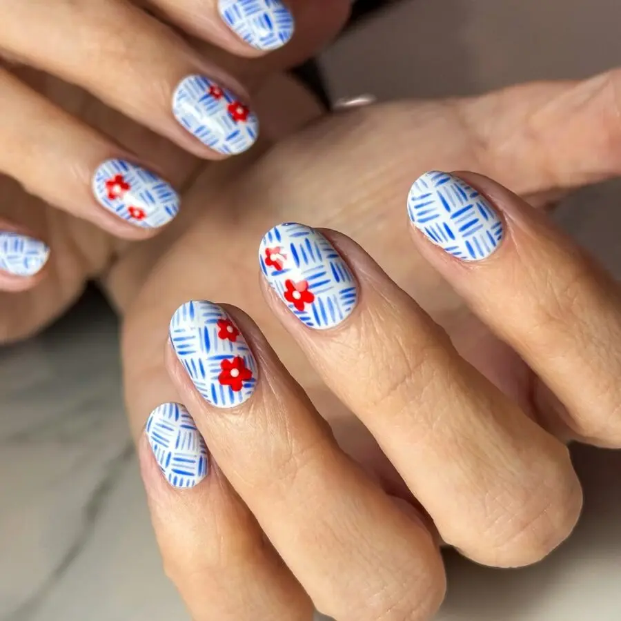 Charming Blue and White Patriotic Floral Nails