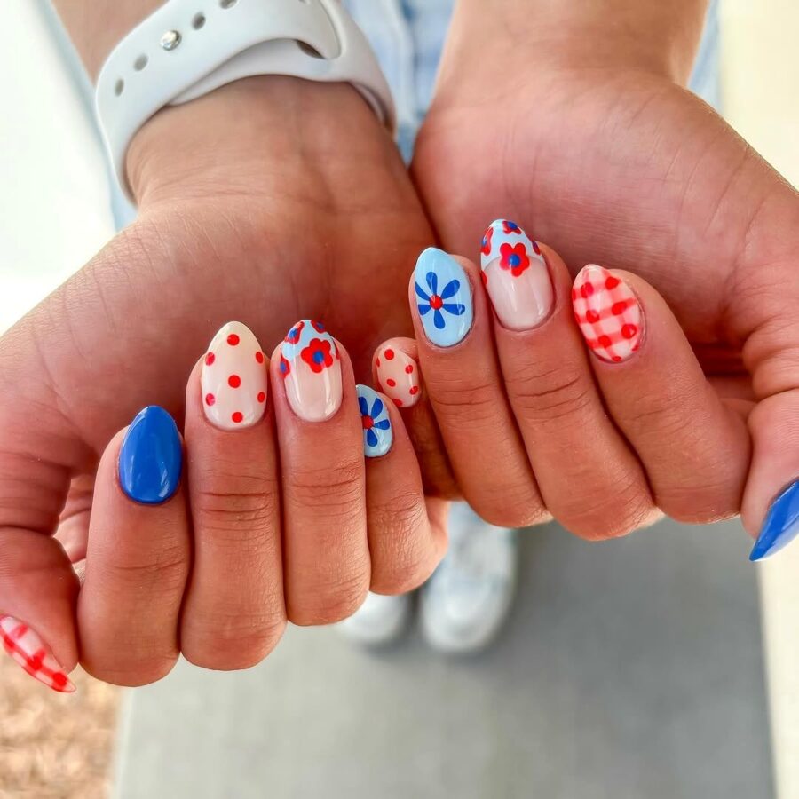 Playful red, white, and blue nail designs