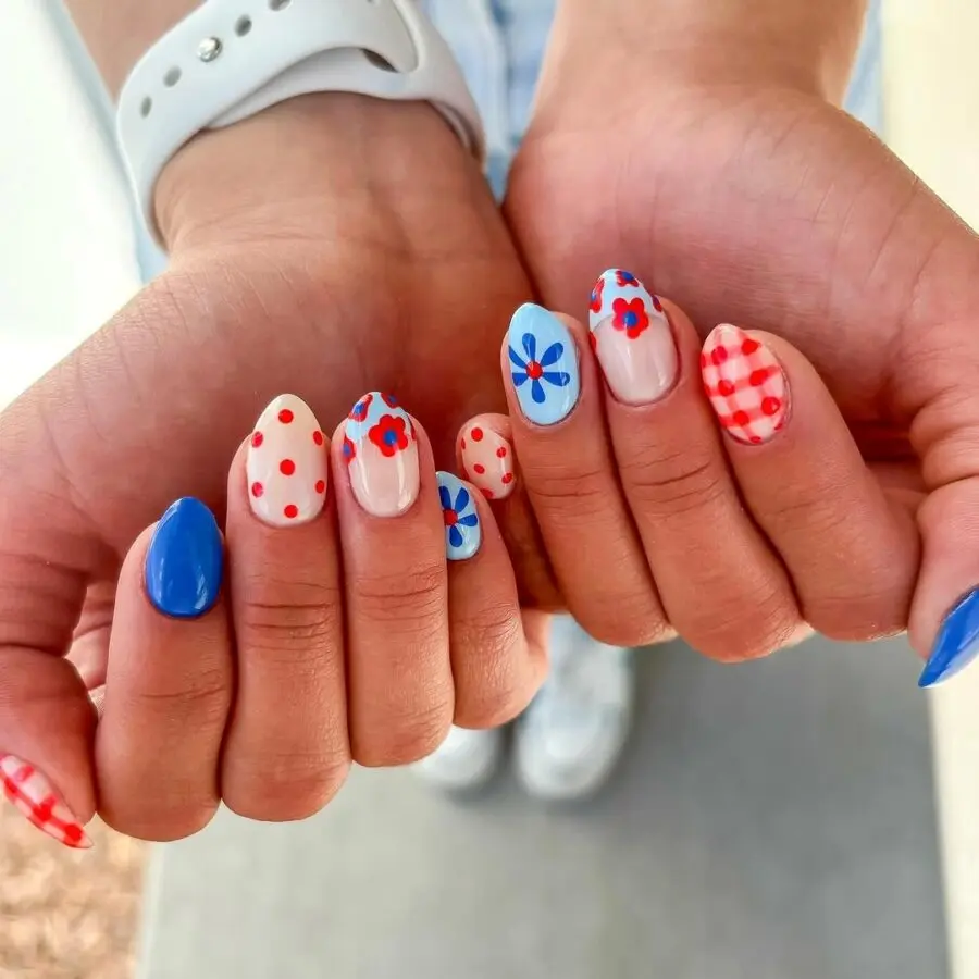 Playful red, white, and blue nail designs