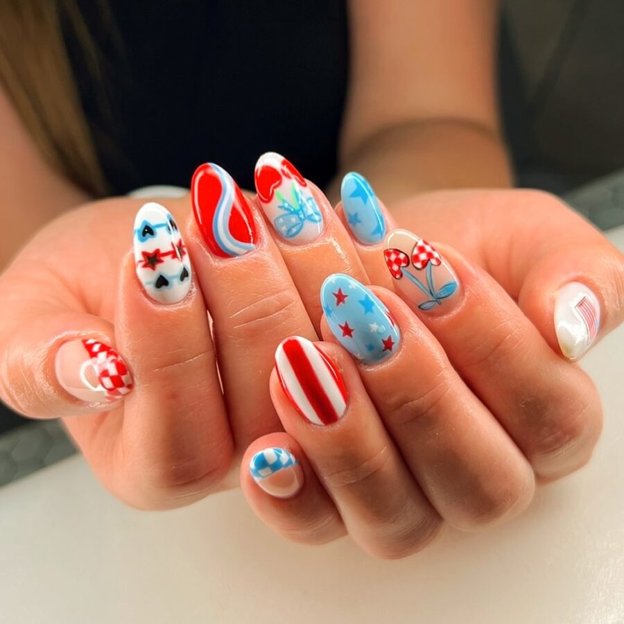 Festive red, white, and blue nail art