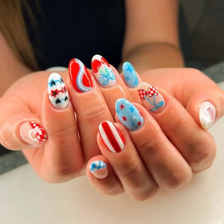 Festive red, white, and blue nail art