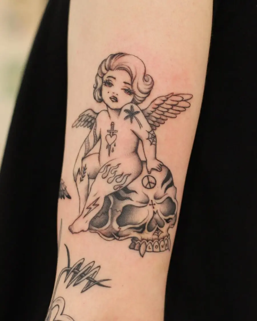 Unique angel tattoo radiating peace vibes