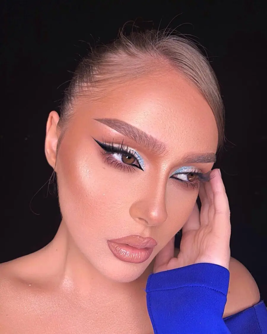 Vibrant baby blue with striking eyeliner accents