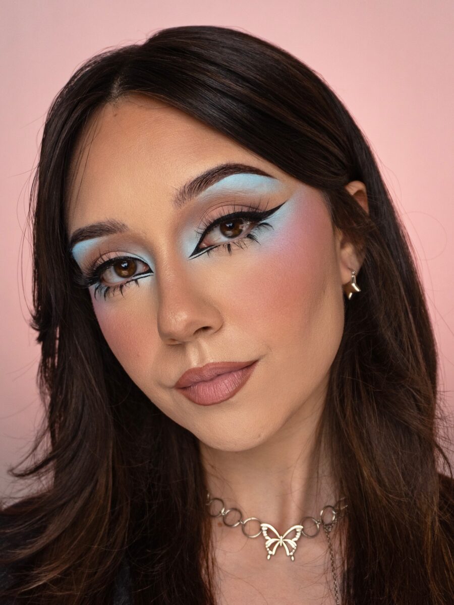 Vibrant baby blue eye makeup with soft pastels