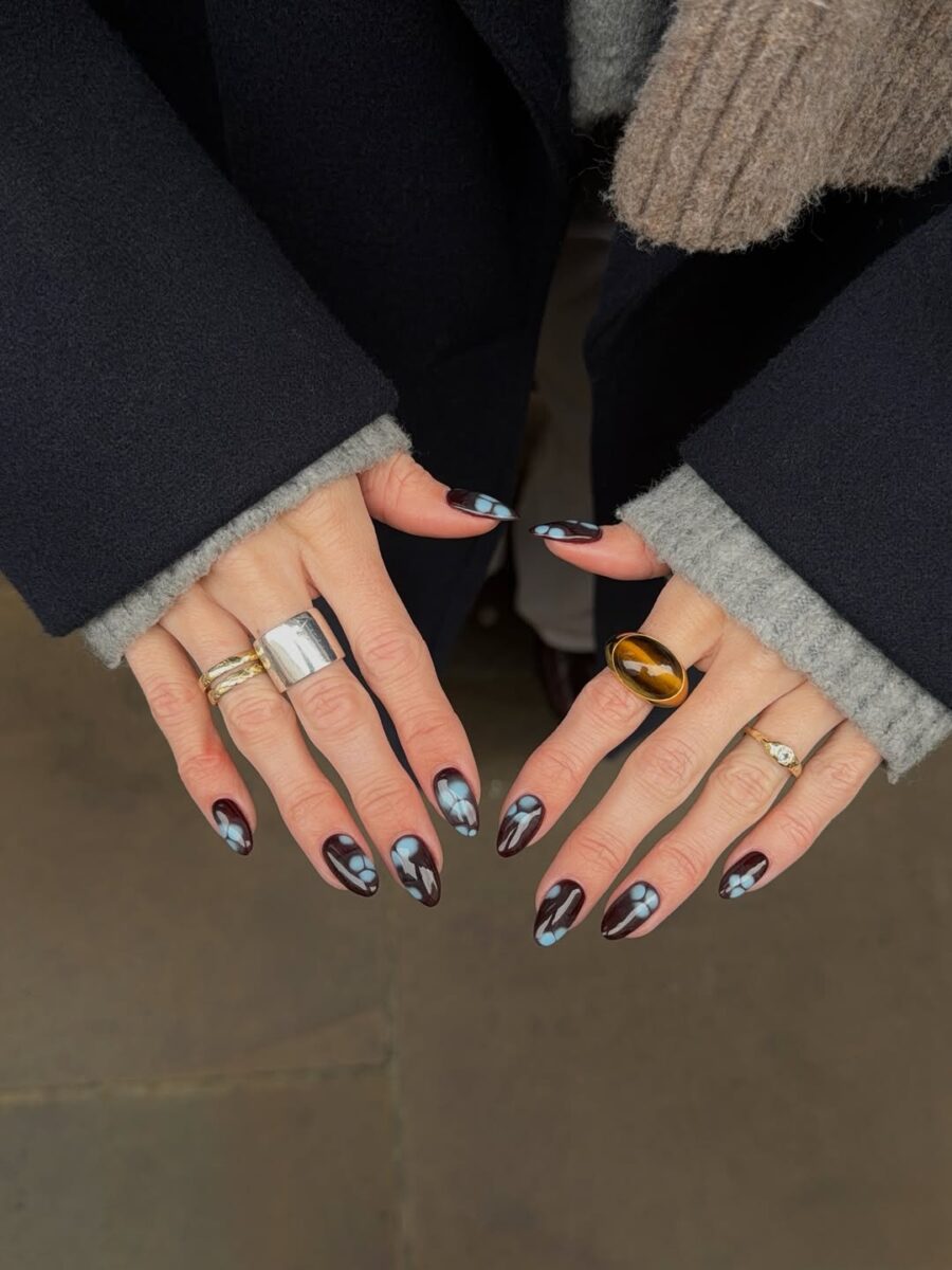 Chic brown and blue baddie nail design