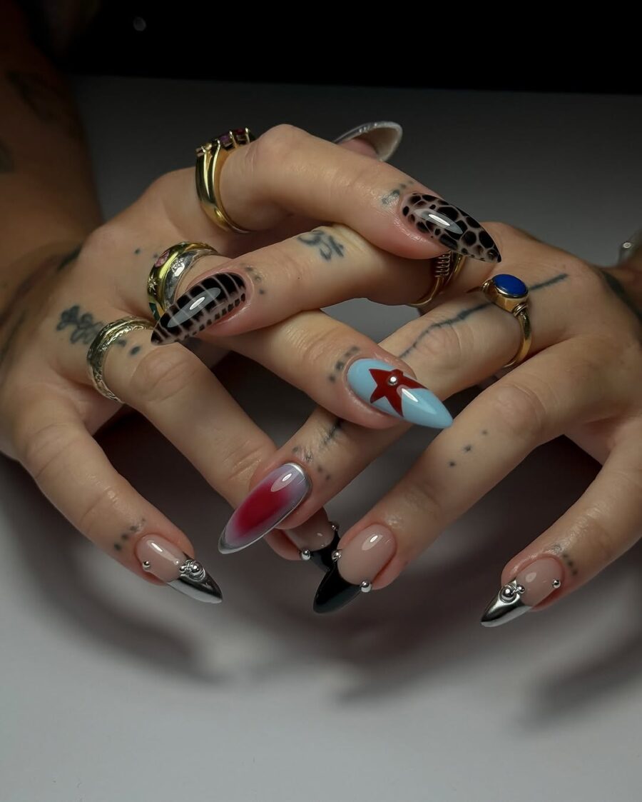 Bold stiletto nails with unique designs