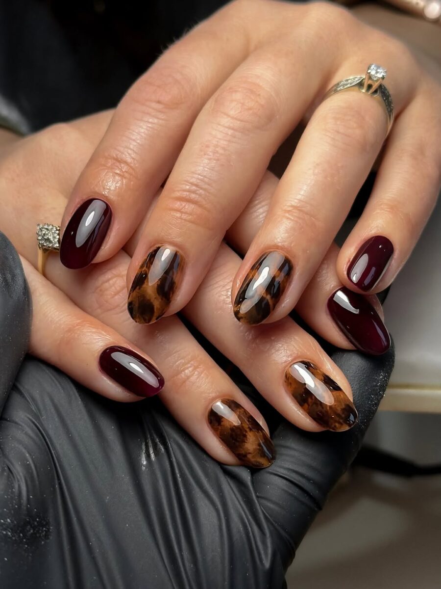 Chic Tortoiseshell and Deep Burgundy Nail Art