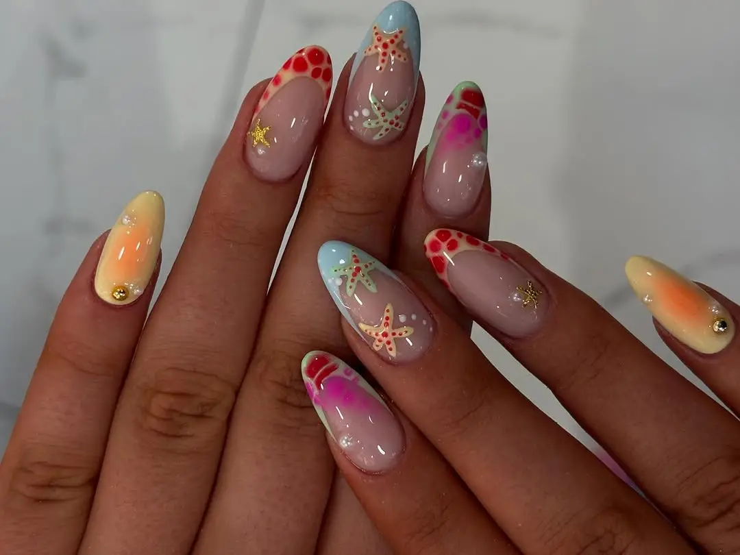 Colorful beach nails with starfish designs
