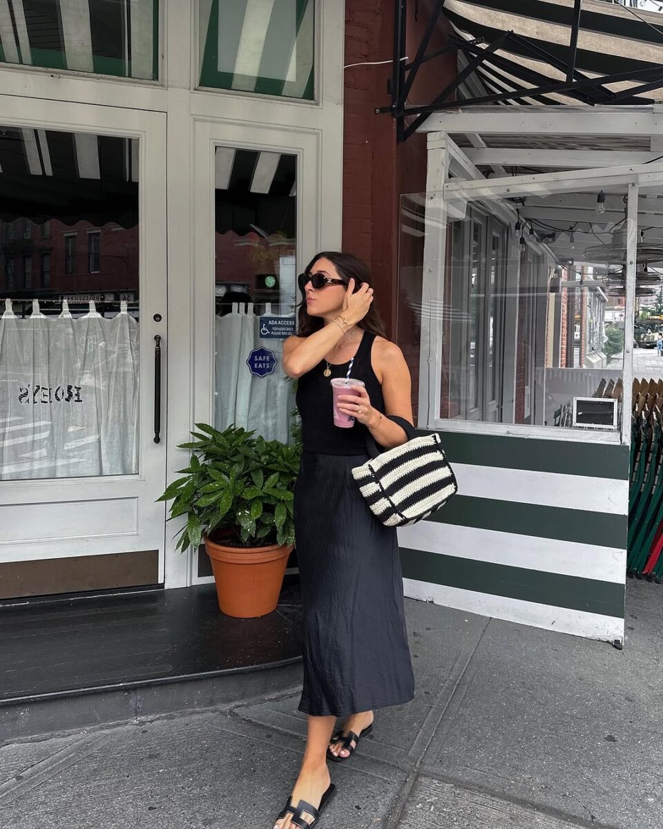 Effortless urban chic in a black dress