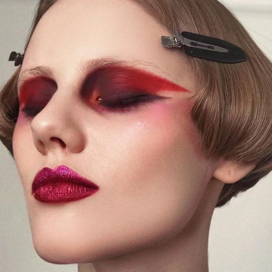 Striking red lips and bold eye makeup
