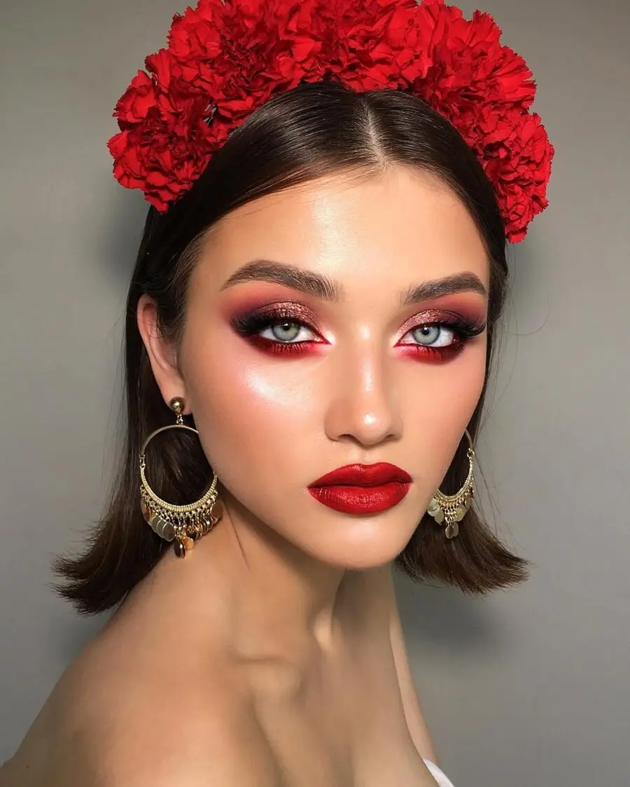 Glamorous red lipstick with floral accents