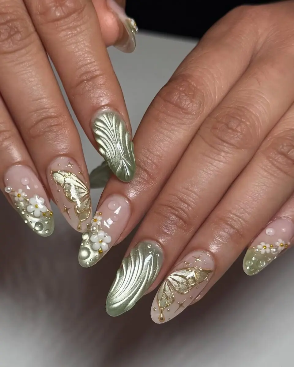 Elegant butterfly nails with intricate floral details