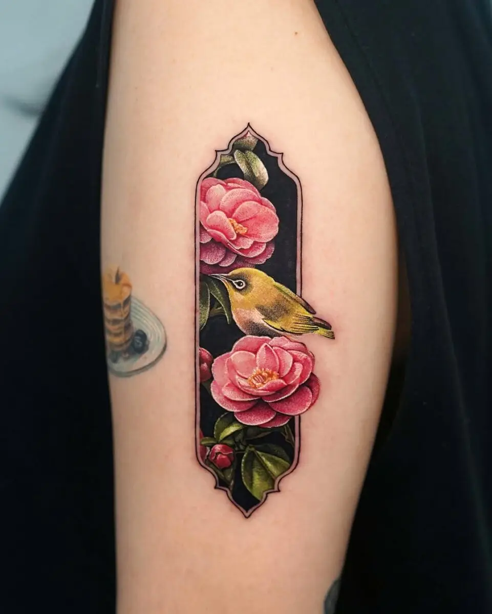 Colorful Camellia Floral Tattoo with Bird