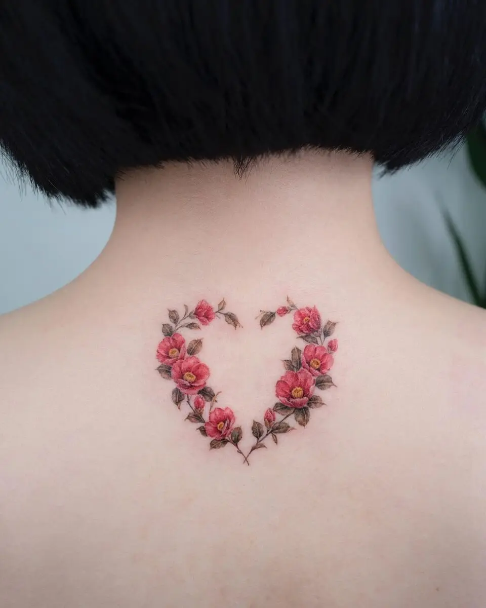 Beautiful camellia flower heart tattoo design