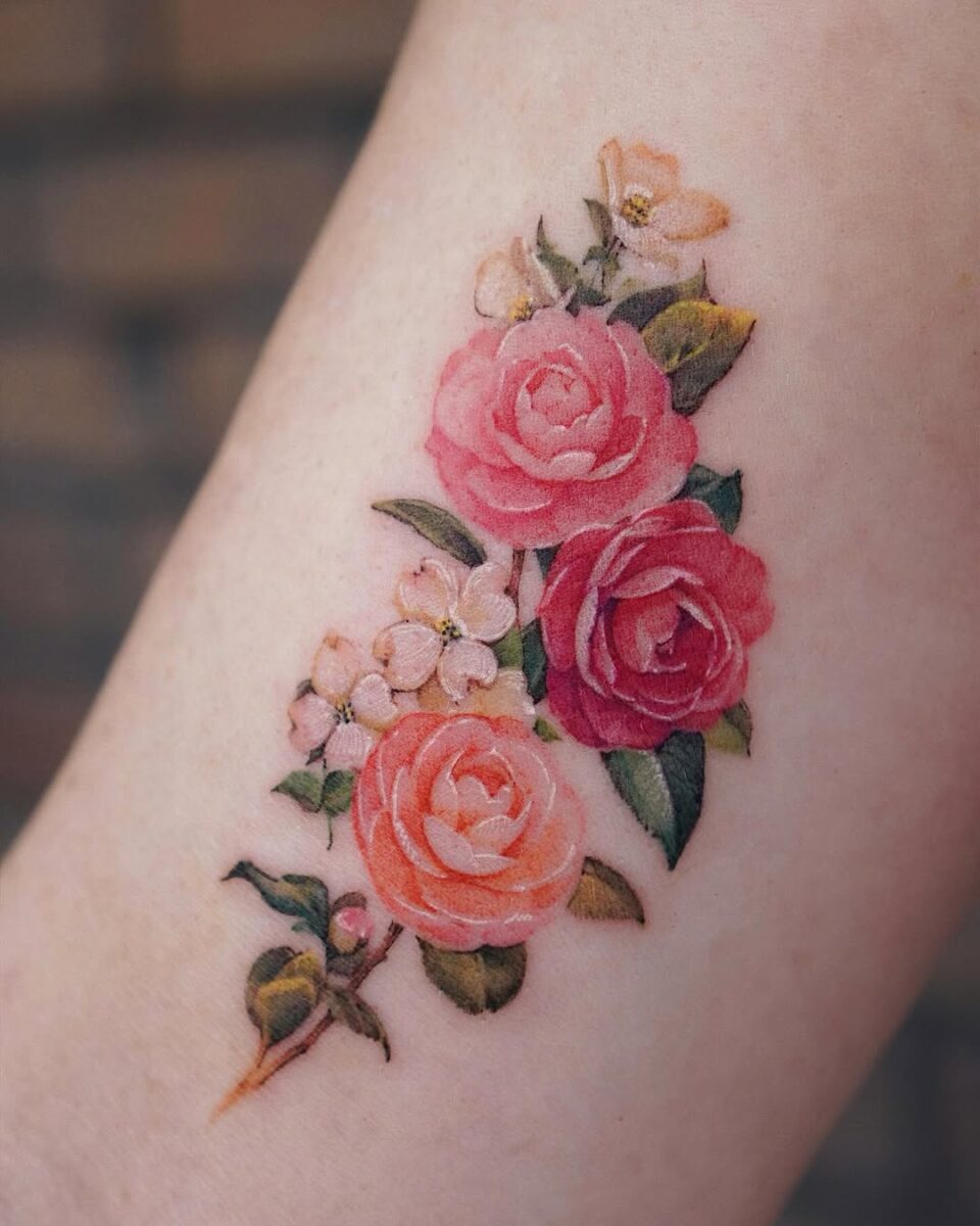 Stunning Camellia Tattoo in Vibrant Colors