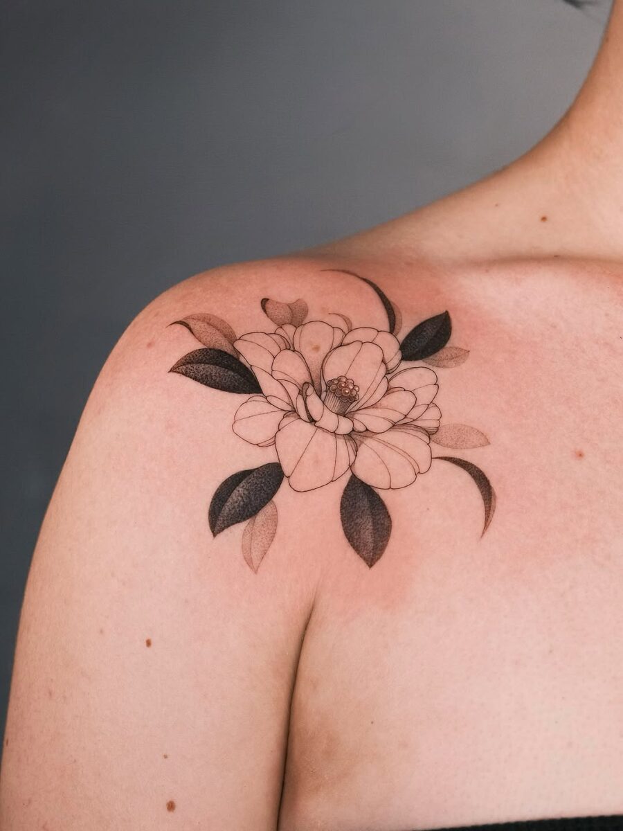 Stunning Camellia Tattoo on Shoulder