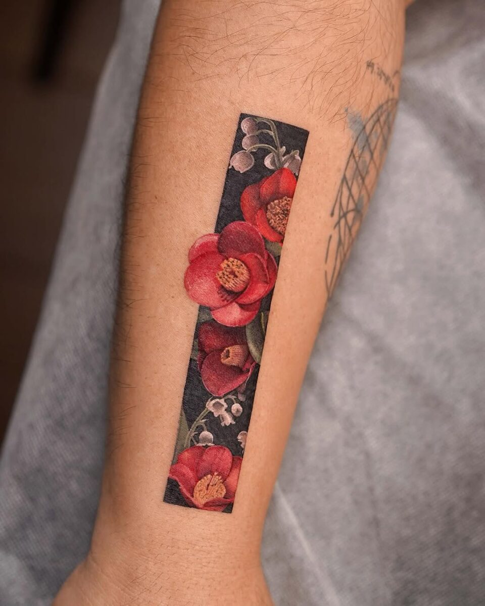 Stunning Camellia Tattoo with Dark Background