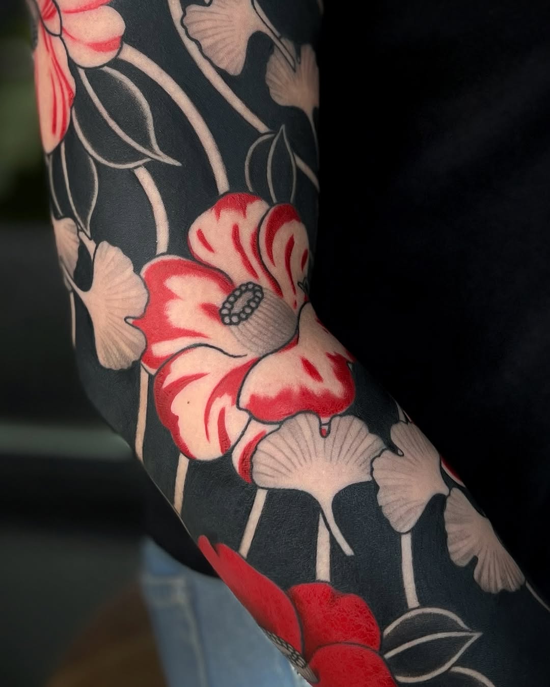 Vibrant Camellia Sleeve Tattoo Design