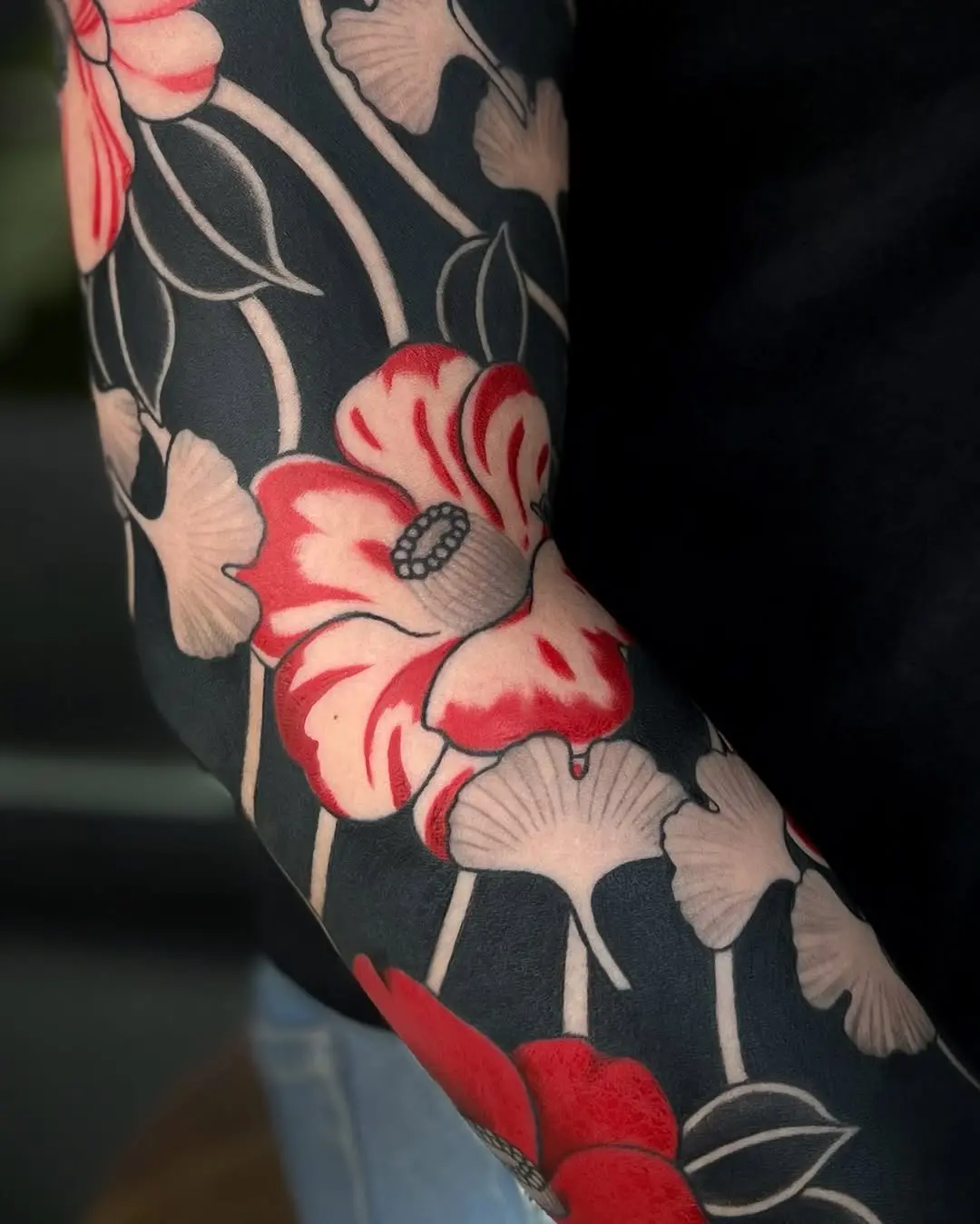 Vibrant Camellia Sleeve Tattoo Design