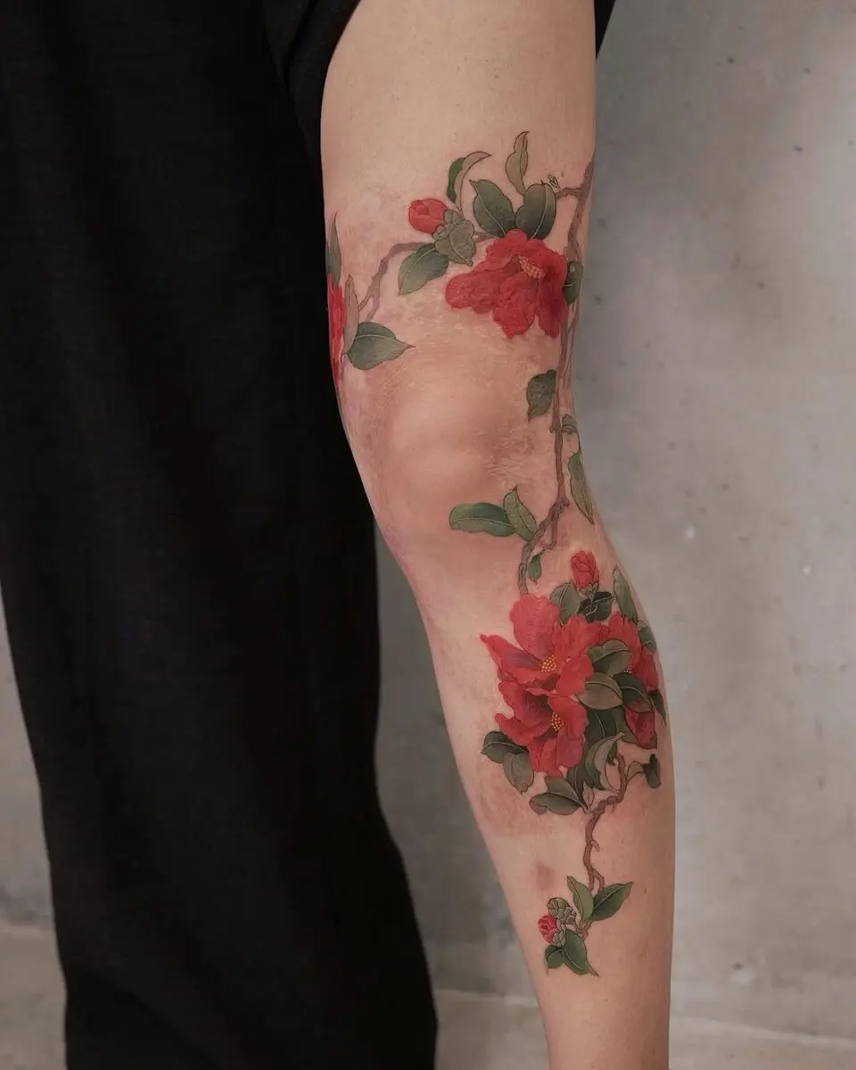 Elegant camellia tattoo with rich colors