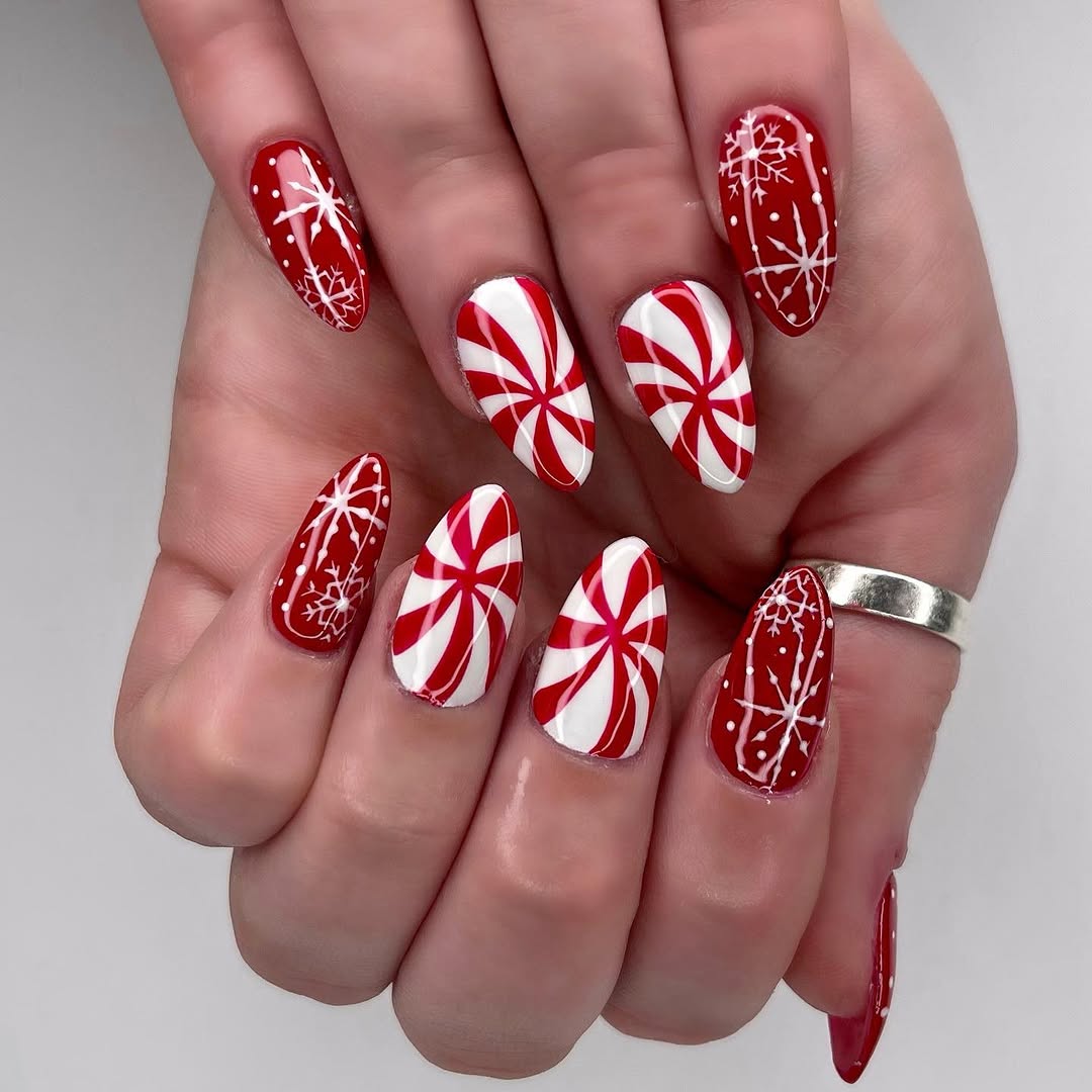 Festive candy cane-inspired nail art design