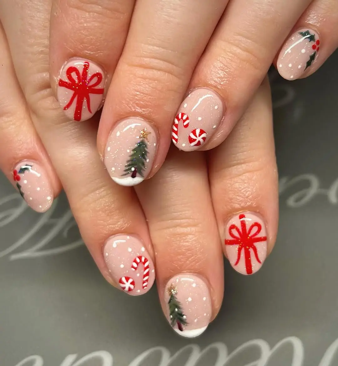 Festive candy cane designs with tree embellishments