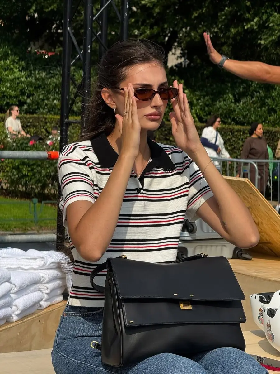 Chic Luncheon Outfit with Stripes and Accessories