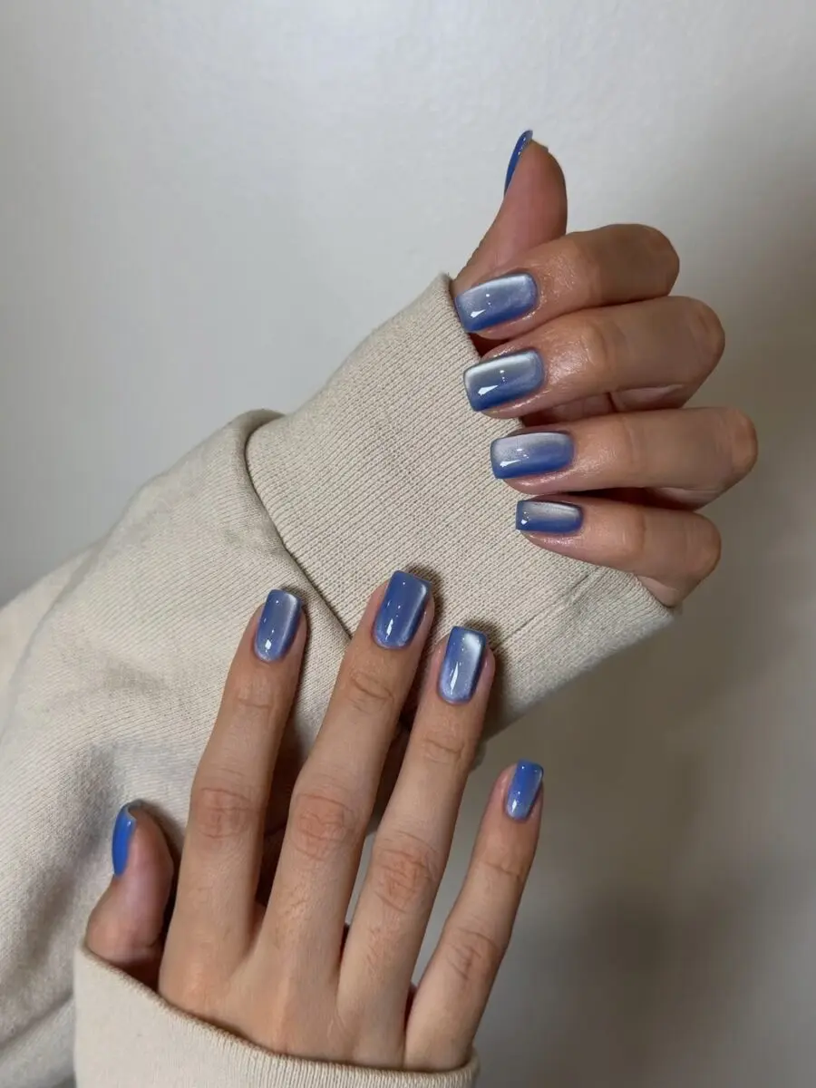 Stunning Blue Cat Eye Nails with Shimmer
