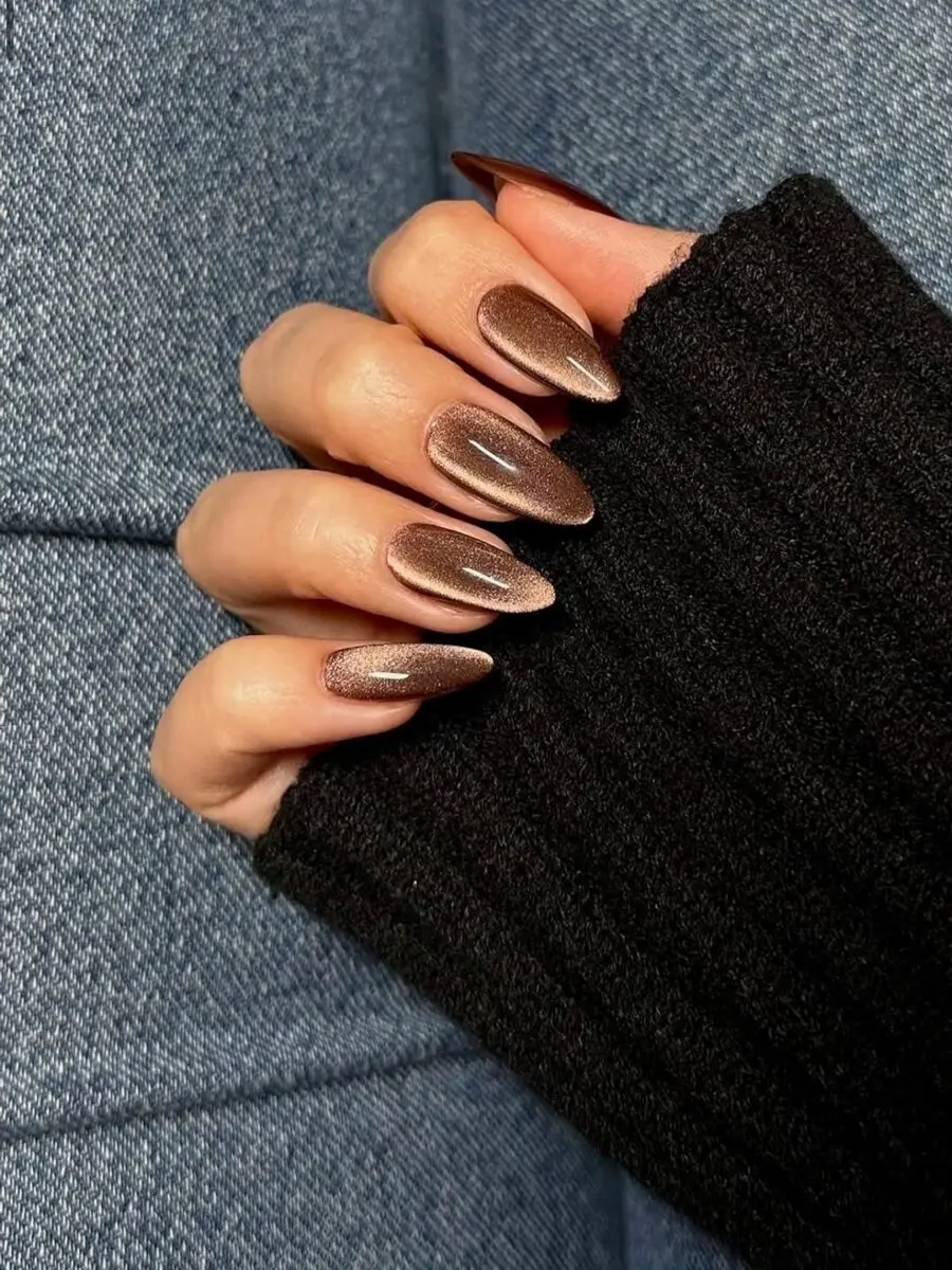 Stunning brown cat eye nail design showcased elegantly
