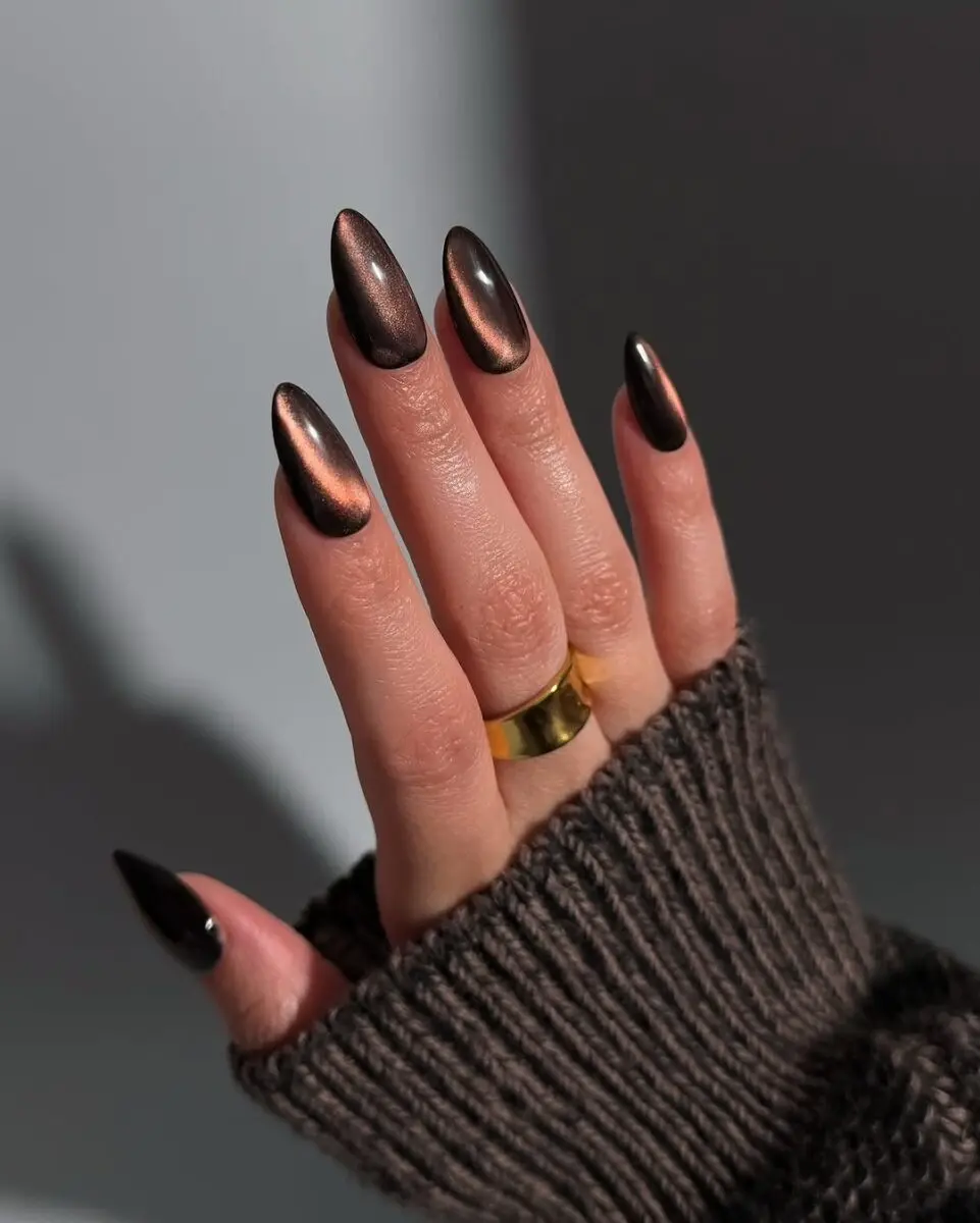 Stylish cat eye nails with shimmering brown tones
