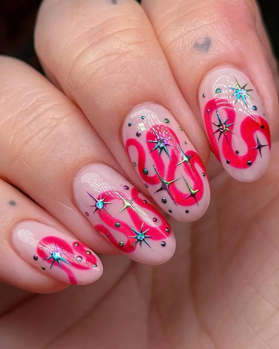 Vibrant cat eye nails with stunning accents
