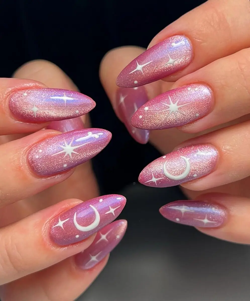 Shimmering pink cat eye nail art design