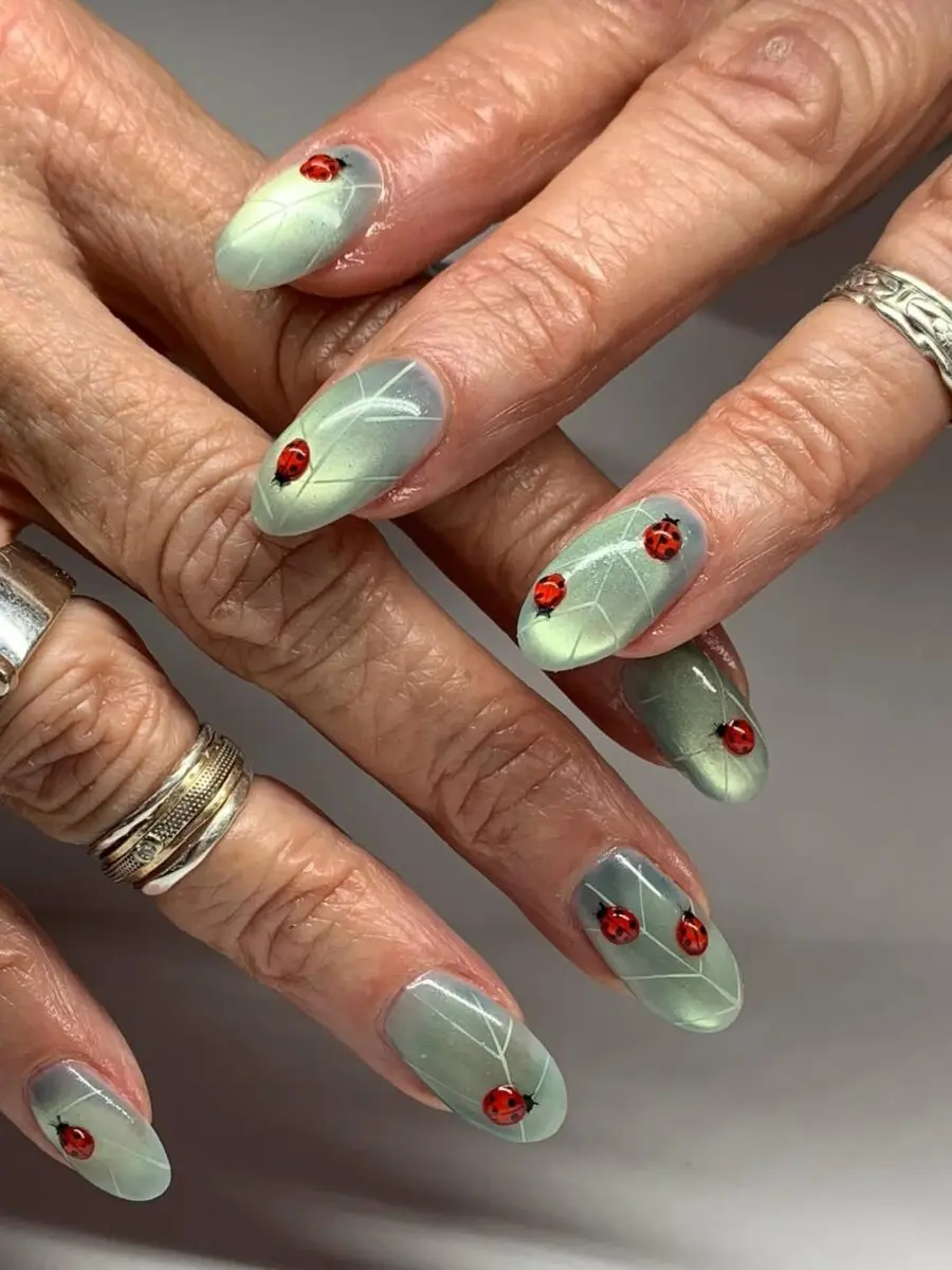 Elegant Cat Eye Nails with Ladybug Accents
