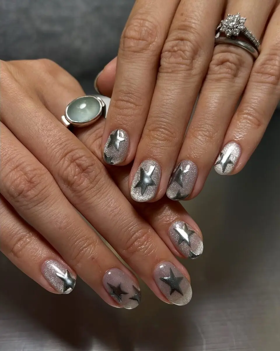 Glamorous cat eye nails with star accents